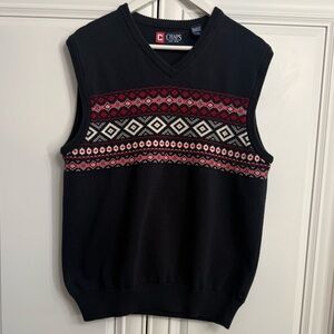 Chaps Men's Size Medium V-Neck Sweater Vest Navy w/Red + White Fair Isle Pattern